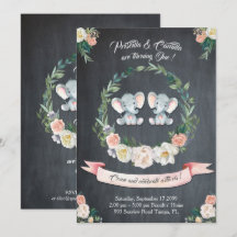 Elephant twin girl-girl Invitation,Floral,Baby 1st