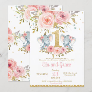 Eléphant Twin Girls 1er Invitation anniversaire