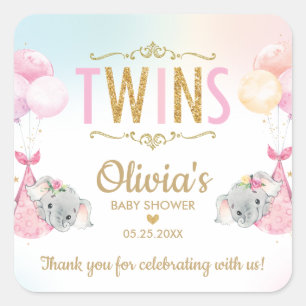 Elephant Twin Girls Baby Shower Thank You Favor Square Sticker