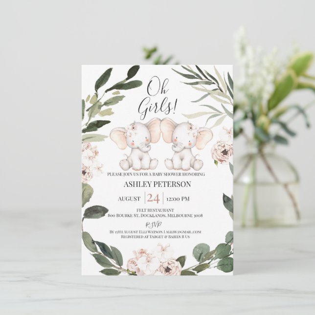 Elephant Twins Floral Greenery Wreath Baby Shower Invitation (Standing Front)