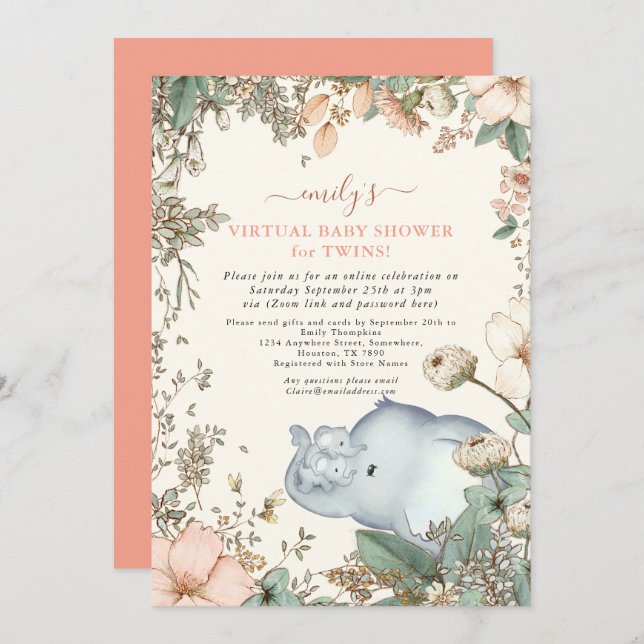 Elephant Twins Florals Coral Virtual Baby Shower Invitation (Front/Back)