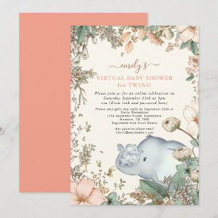 Elephant Twins Florals Coral Virtual Baby Shower Invitation