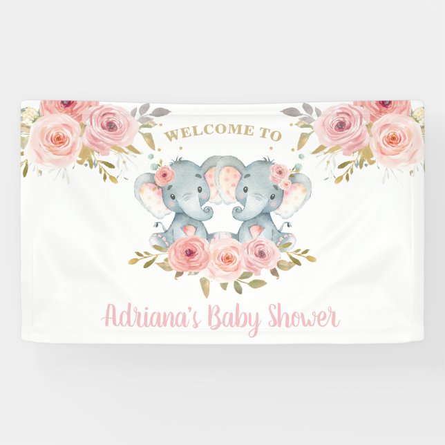Elephant Twins Girls Baby Shower Backdrop Decor Banner (Horizontal)