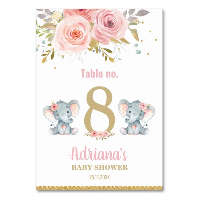Elephant Twins Girls Baby Shower Pink Floral Table Number (Front)