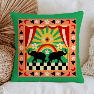 Elephant Under Rainbow Evil Eye Sun Funky Folk Art Throw Pillow
