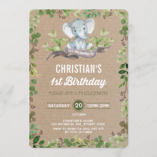 Elephant vert rustique 1er anniversaire Invitation