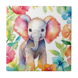 Elephant Vibrant Watercolor Tile