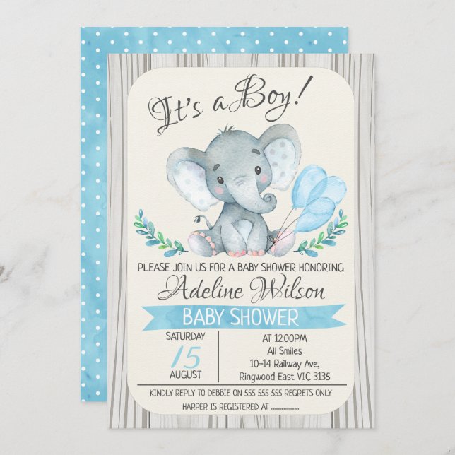 Elephant Watercolor Baby Shower Invitation (Front/Back)