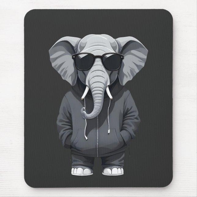 Elephant Wearing Hoodie Funny Cool Animal Vector Mouse Pad (Front)
