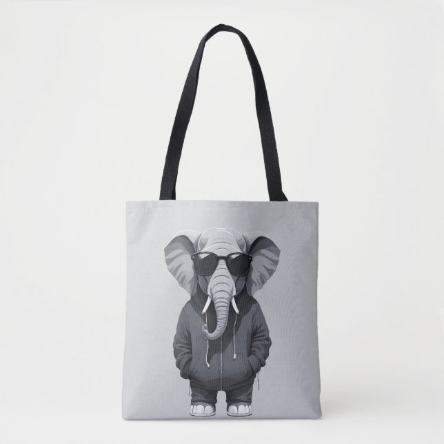 Elephant Wearing Hoodie Funny Cool Animal Vector Tote Bag (Front)