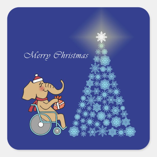 Elephant wheelchair with Christmas cap Square Sticker (Front)