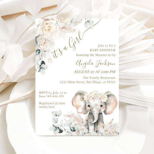 Elephant White Roses Boho Pampas Baby Girl Shower Invitation (Creator Uploaded)