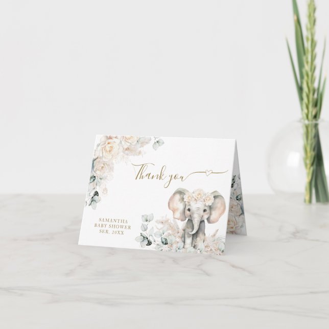 Elephant White Roses Boho Pampas Baby Girl Shower Thank You Card (Front)