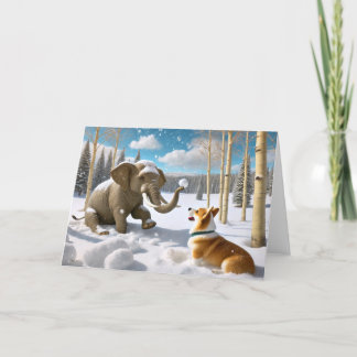 ELEPHANT WINTER - CORGI SNOWBALL FIGHT HOLIDAY CARD