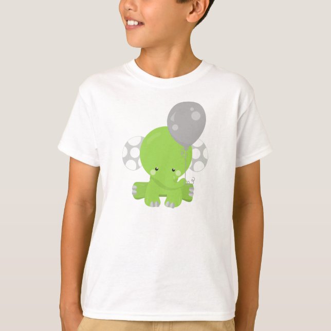 Elephant With Balloon, Green Elephant, Cute Animal T-Shirt (Front)