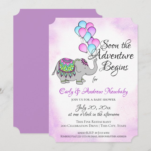 Elephant with Balloons Baby Shower Invitation (Front/Back)