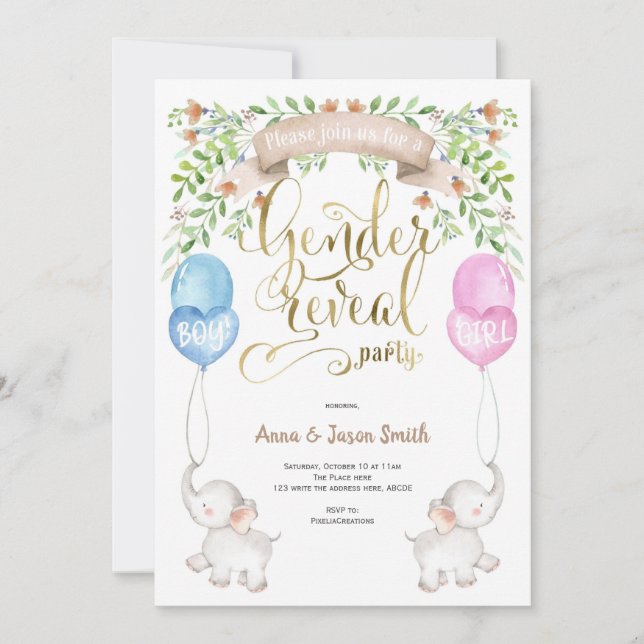 Elephant with balloons, Gender Reveal Party Invitation (Front)