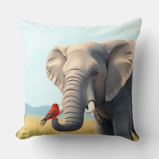 Elephant with bird throw pillow