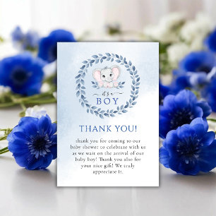 Elephant With Blue Anemones Boy Baby Shower Thank You Card