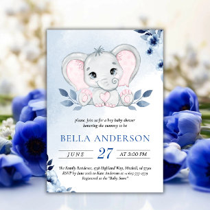Elephant With Blue Anemones Watercolor Baby Shower Invitation