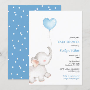 Elephant with Blue Balloon Baby Shower Invitation