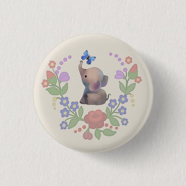 Elephant with butterfly 1 inch round button (Front)