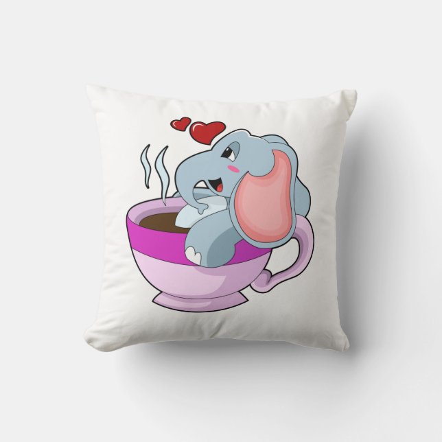 Elephant with Coffee Cup Throw Pillow (Front)