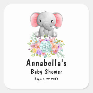 Elephant with Flowers  Baby Shower  Square Sticker