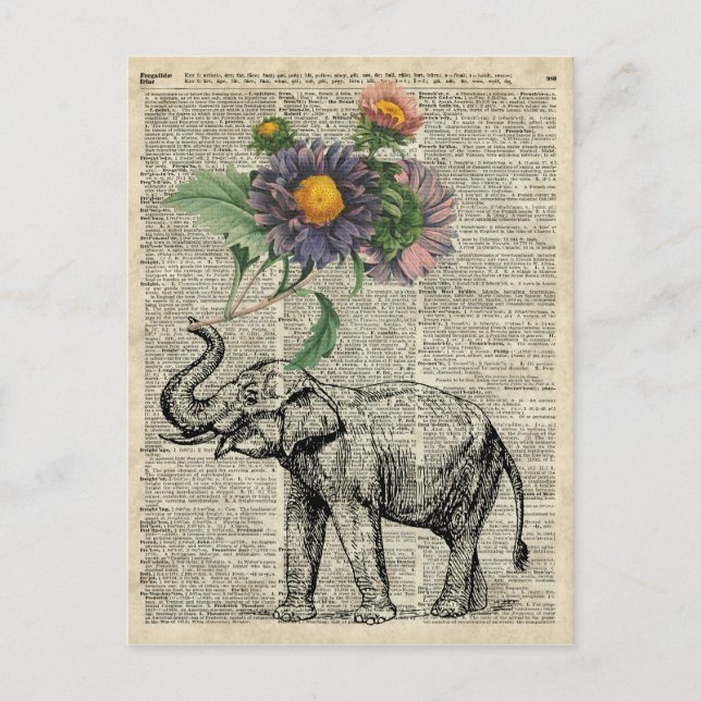 Elephant with Flowers Collage Over Vintage Page Postcard (Front)