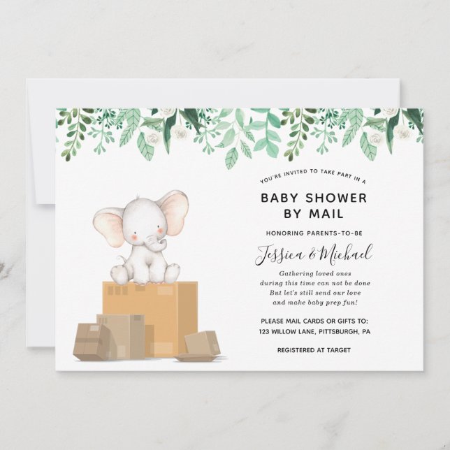 Elephant with Greenery Baby Shower by Mail Invitation (Front)