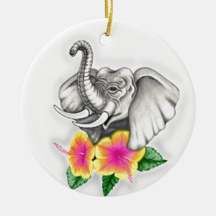 Elephant with Hibiscus Design Ceramic Ornament