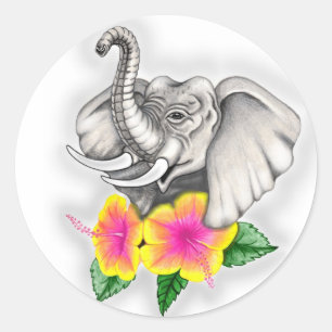 Elephant with Hibiscus Design Classic Round Sticker