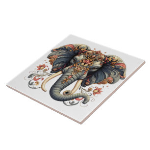 Elephant with intricate floral designs tile