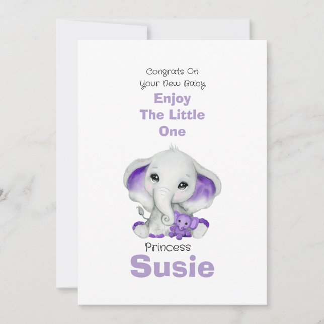 Elephant with lavender teddy bear congrats card (Front)