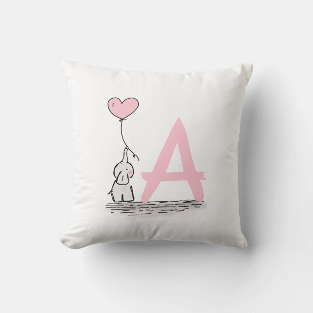 Elephant With Pink Heart Balloon Monogram Nursery Throw Pillow (Front)