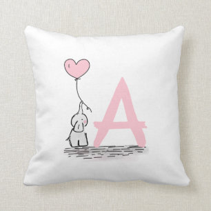 Elephant With Pink Heart Balloon Monogram Nursery Throw Pillow