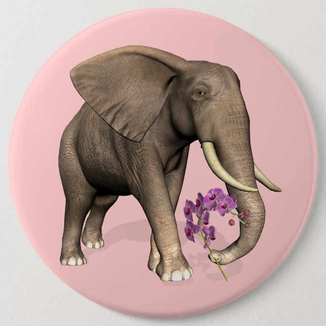 Elephant With Pink Orchid 6 Inch Round Button (Front)