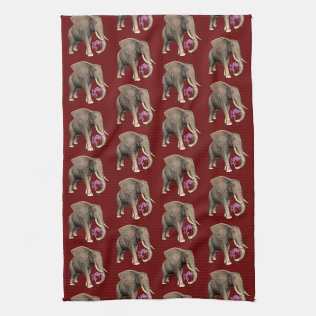 Elephant With Pink Orchid Kitchen Towel (Vertical)