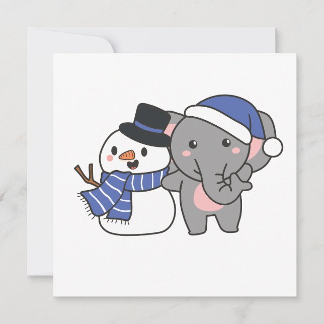 Elephant With Snowman In Winter For Christmas Holiday Card (Front)