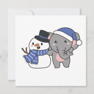 Elephant With Snowman In Winter For Christmas Holiday Card