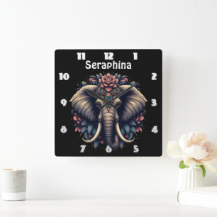 Elephant with vibrant floral patterns square wall clock