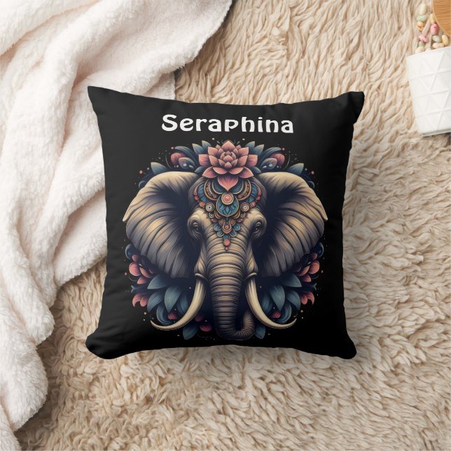 Elephant with vibrant floral patterns throw pillow (Blanket)