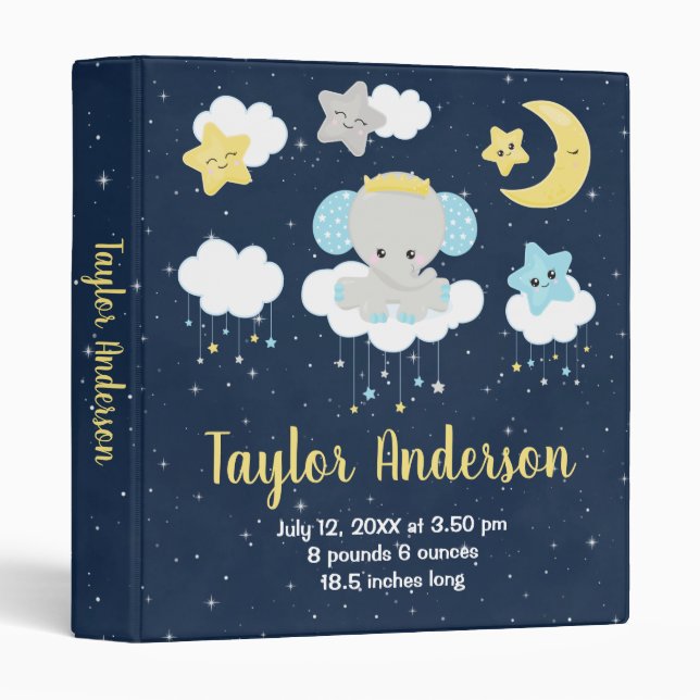 Elephant Yellow and Navy Baby Birth Statistics Binder (Front/Spine)