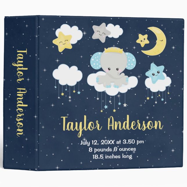Elephant Yellow and Navy Baby Birth Statistics Binder (Front/Spine)