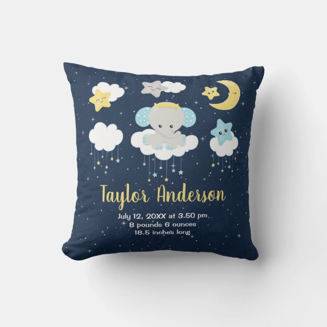 Elephant Yellow and Navy Baby Birth Statistics Throw Pillow (Front)
