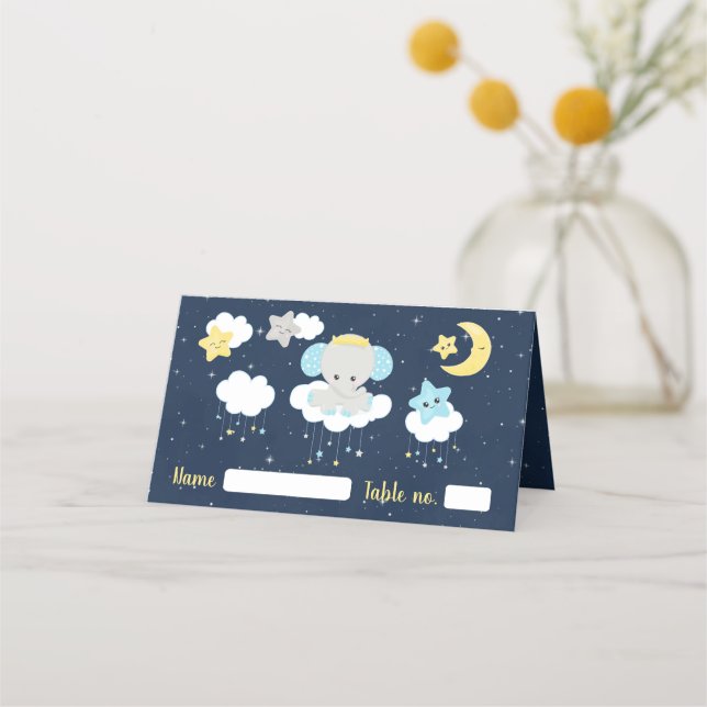 Elephant Yellow and Navy Birthday Party Seating Place Card (Front)