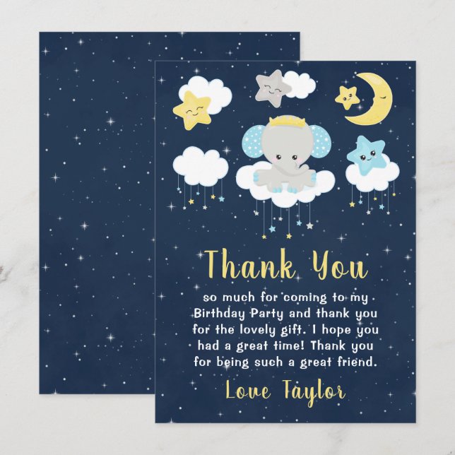 Elephant Yellow and Navy Birthday Party Thank You Card (Front/Back)