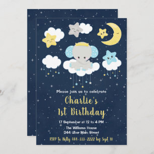 Elephant Yellow and Navy Blue Birthday Party Invitation