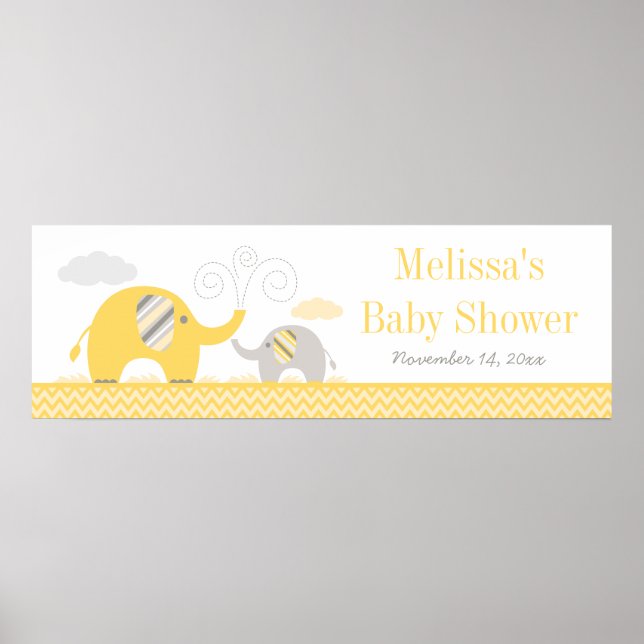 Elephant Yellow Grey Baby Shower Banner Poster (Front)
