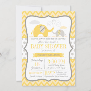 Elephant Yellow Grey Baby Shower Invitation